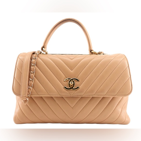CHANEL CC Calfskin Leather Cream Chevron Medium Top Handle Leather ShoulderBag - Picture 1 of 11